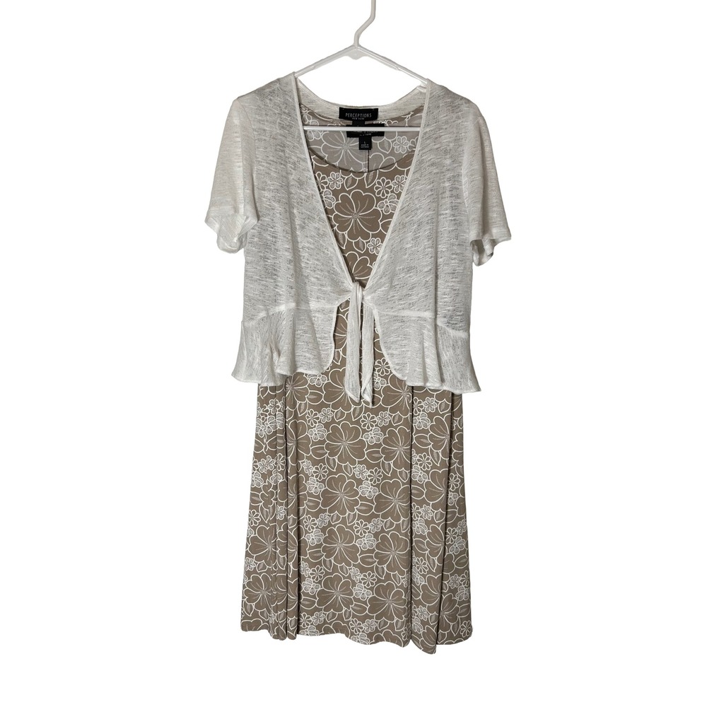 Perceptions New York Womens‎ Floral A-Line Dress and Tie Front Shrug Set Tan L